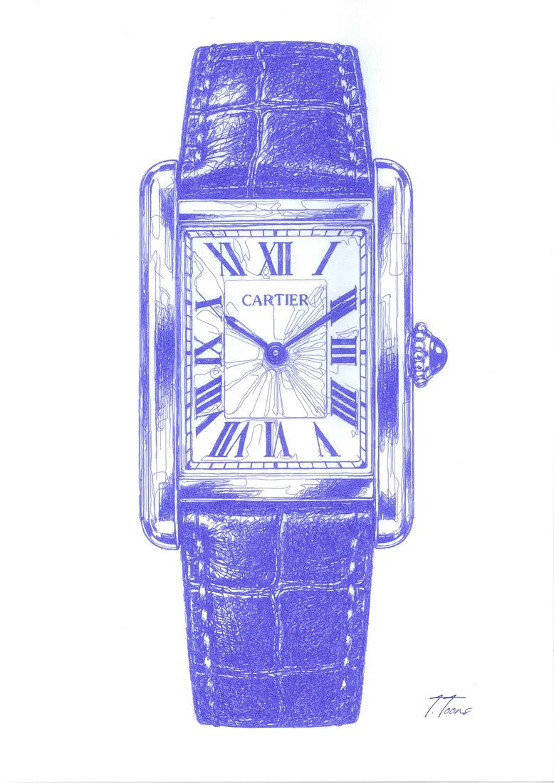 Une montre Cartier dessinée au stylo bille bleu.