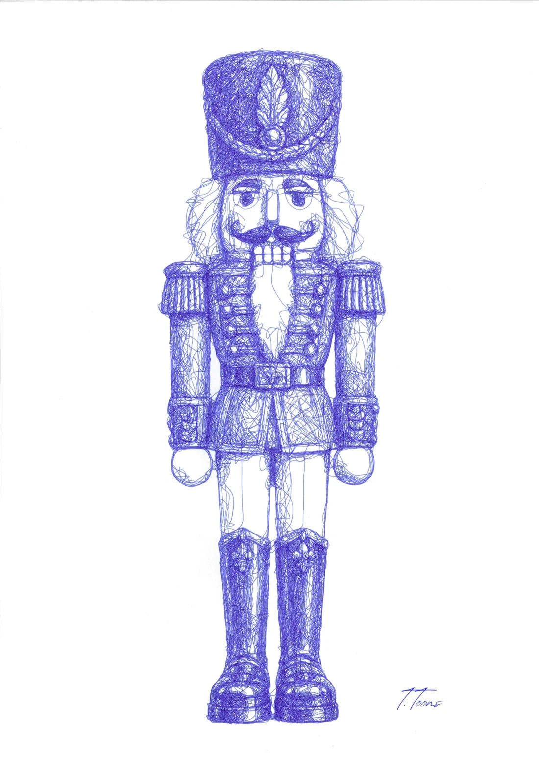 Un casse-noisette en uniforme, dessiné au stylo bille bleu.