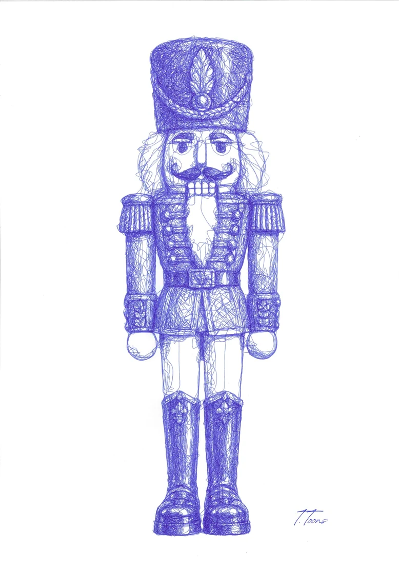 Un casse-noisette en uniforme, dessiné au stylo bille bleu.