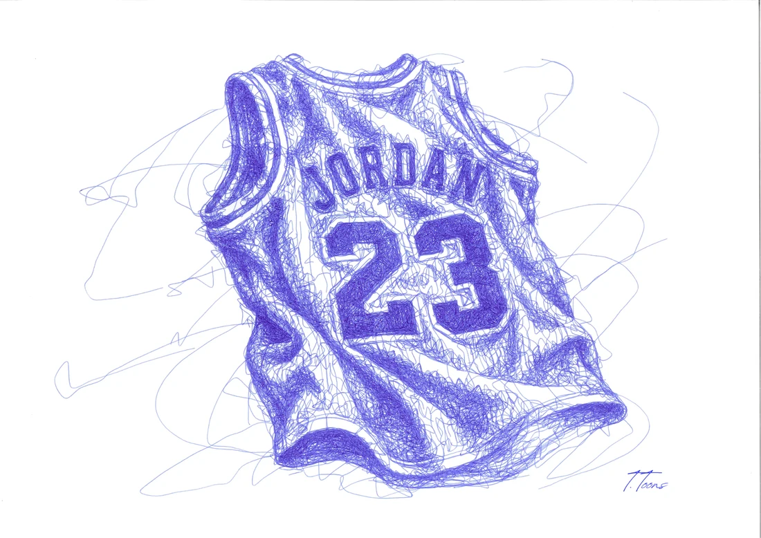 Le maillot numéro 23 de Michael Jordan aux Chicago Bulls, dessiné en bleu.