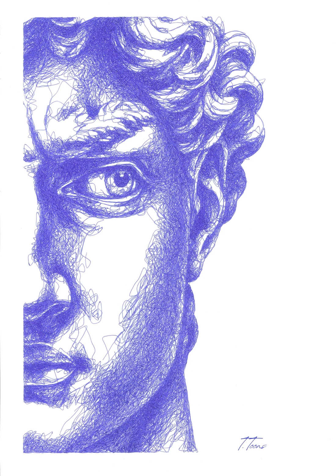 Le visage de David et son regard, dessinés au stylo bille bleu.