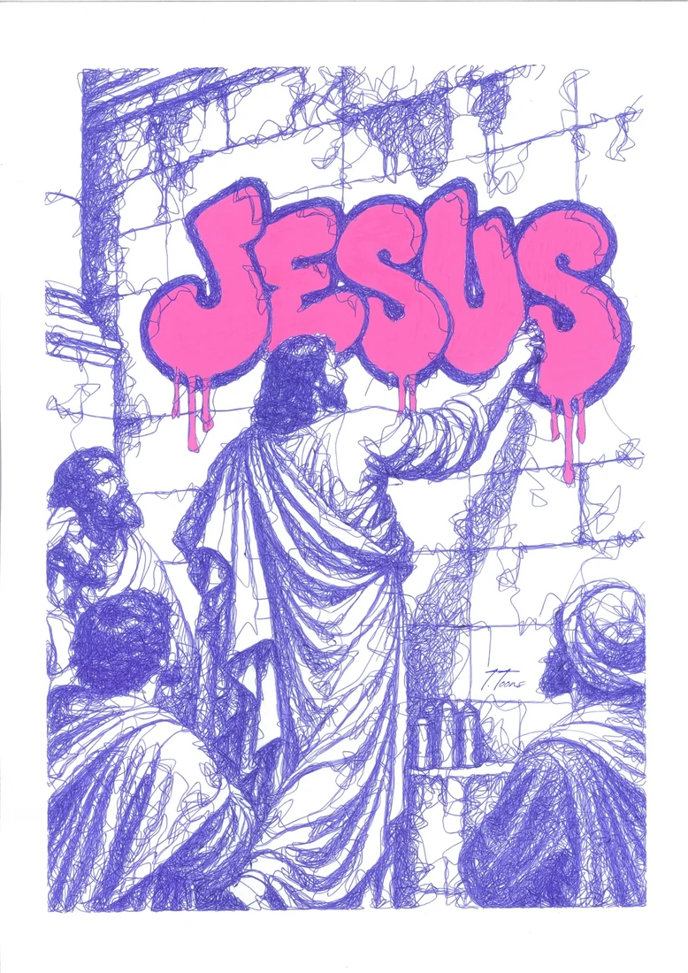 Une figure de Jésus dessinée en bleu, accompagnée d’un lettrage rose.
