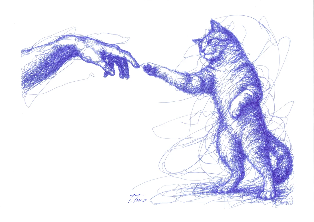 Une main tendue vers la patte d’un chat, dessinée au stylo bleu.