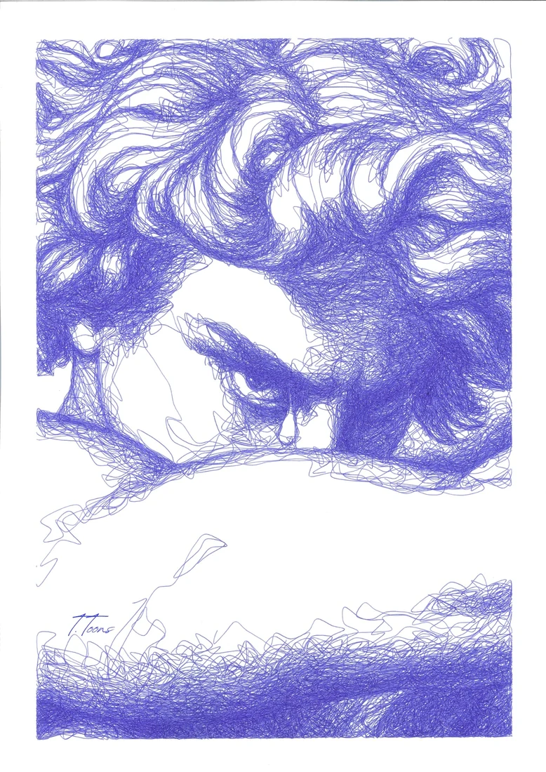 Le regard de Lucifer au-dessus de son bras, dessiné au stylo bleu.