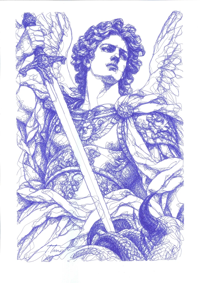 L’archange Michel, ses ailes et son épée, dessinés au stylo bleu.