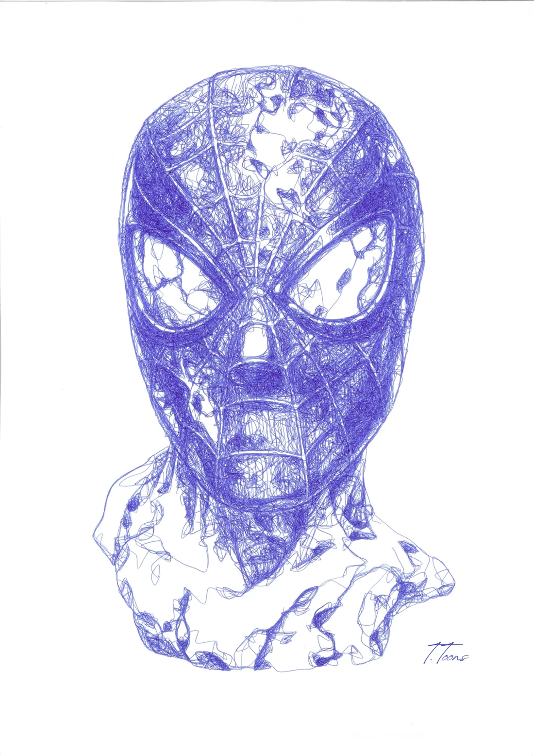 Un buste de Spider-Man réinterprété comme une sculpture antique, dessiné au stylo bleu.