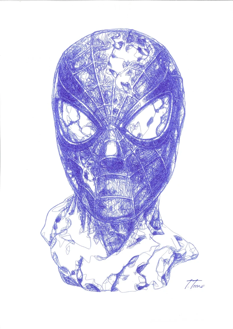 Un buste de Spider-Man réinterprété comme une sculpture antique, dessiné au stylo bleu.